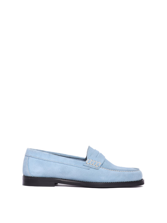 Napoli blue suede loafer with black outsole.