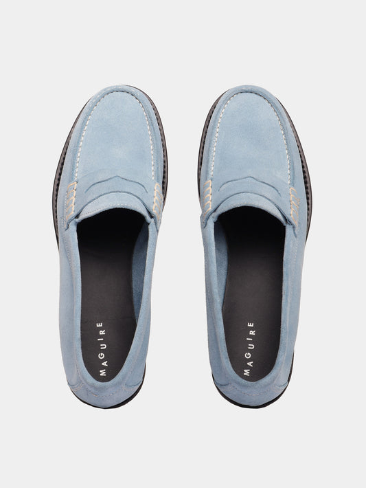 Blue suede leather penny loafers
