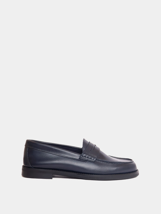 Navy leather penny loafers