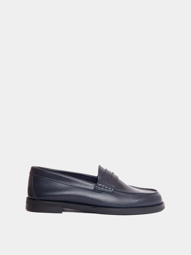 Navy leather penny loafers