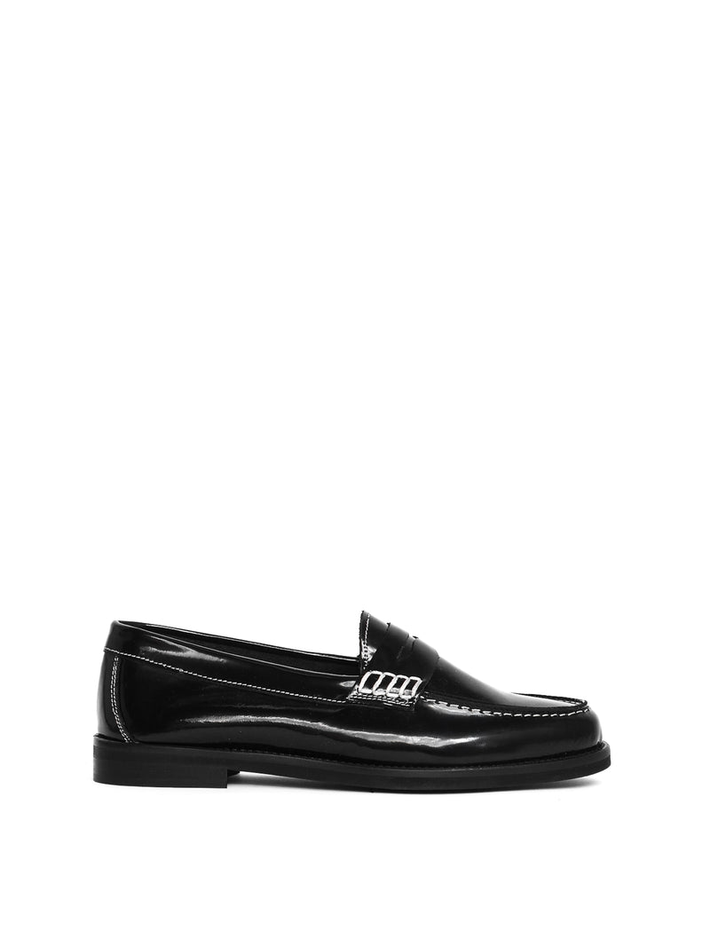 Black box leather penny loafers with white contrast stitching