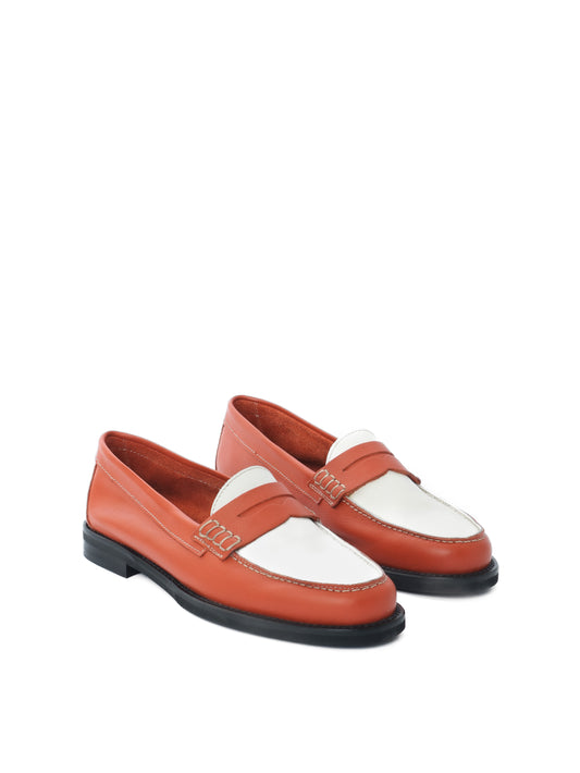 Orange and white leather penny loafers