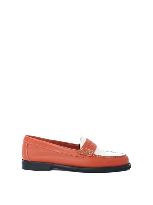 Orange and white leather penny loafers
