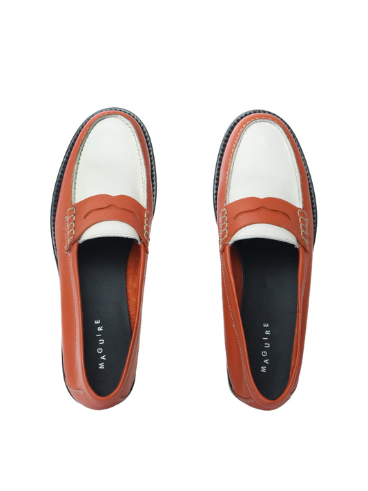 Orange and white leather penny loafers