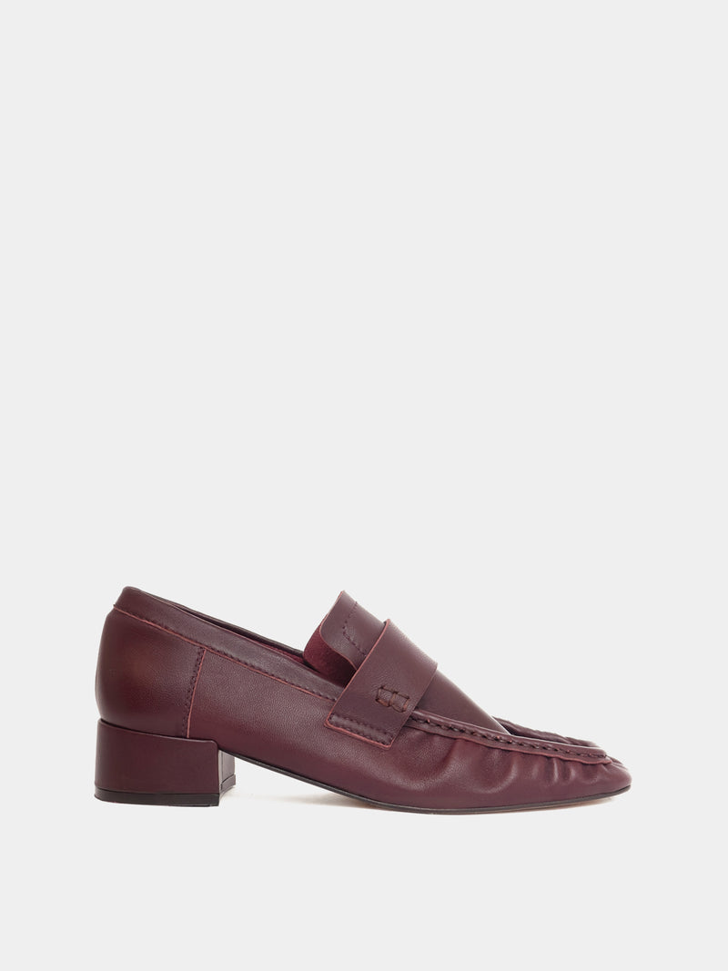 Bordeaux leather loafers with a small heel