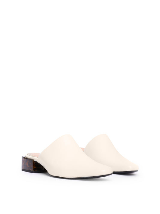 Tortoise coloured heeled mule with cream upper and almond shaped toe