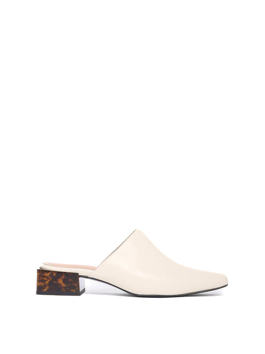 Tortoise coloured heeled mule with cream upper and almond shaped toe