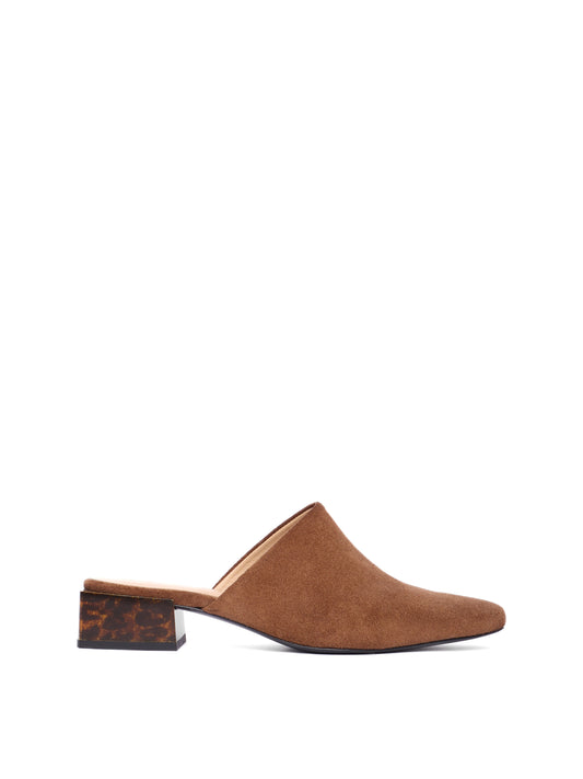 Brown suede leather pointed toe mule with tortoise heel