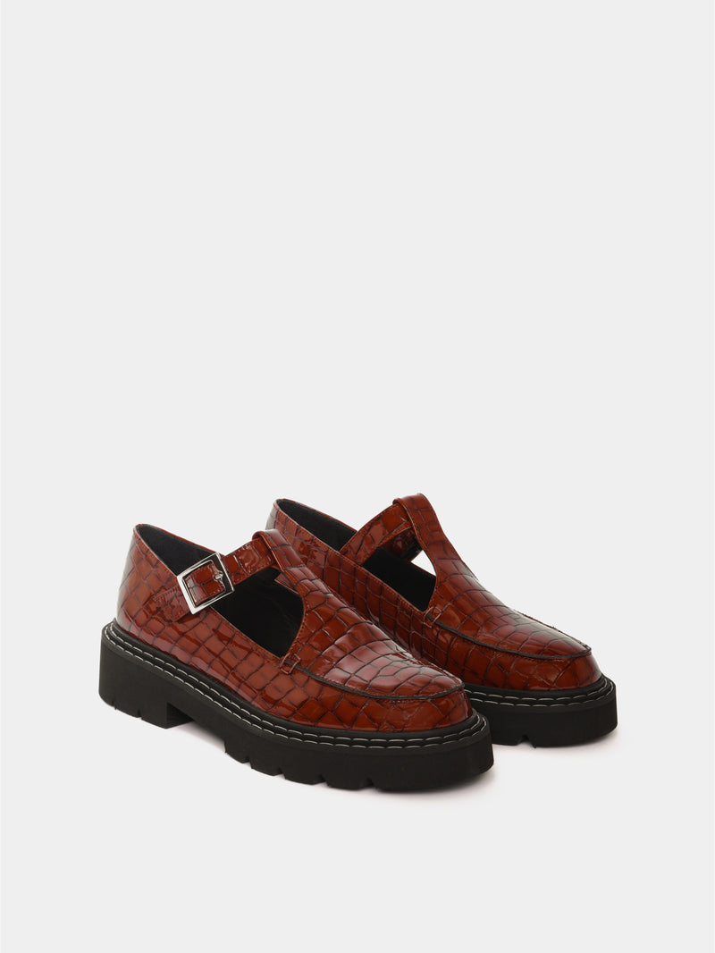 Brown croco leather mary-jane with a chunky sole