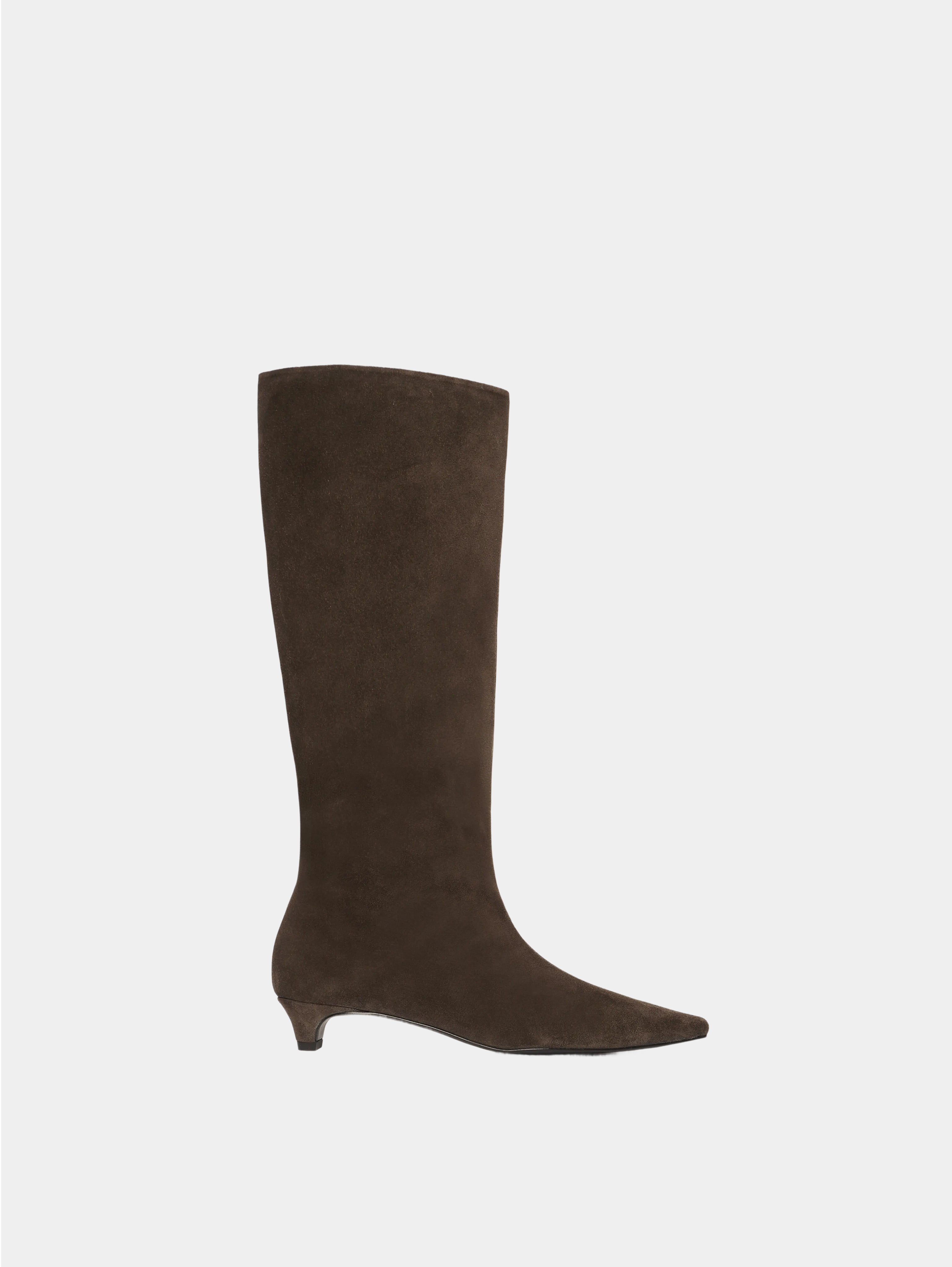 brown suede high boot, pointed toe and blade heel