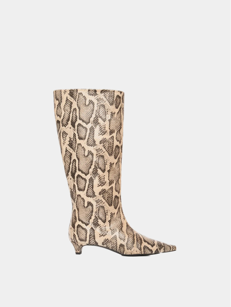 snake print high boot, pointed toe and blade heel