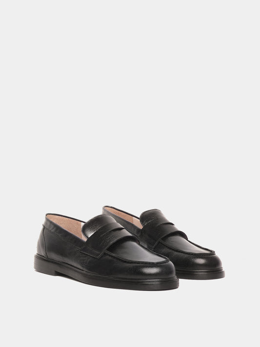 Black leather penny loafers