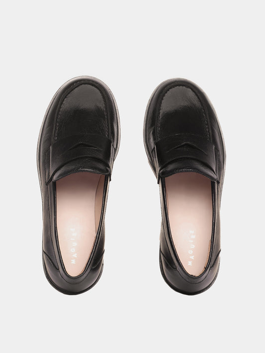 Black leather penny loafers