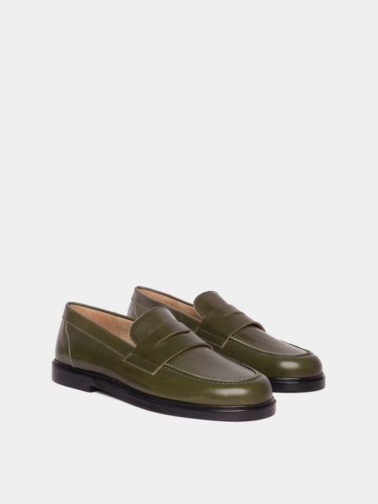 Olive leather penny loafers