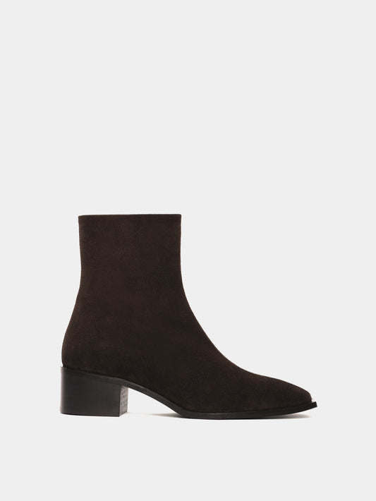 Brown suede ankle boot with a block heel