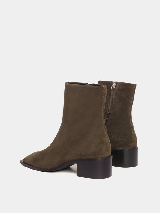 Olive suede ankle boots with a block heel