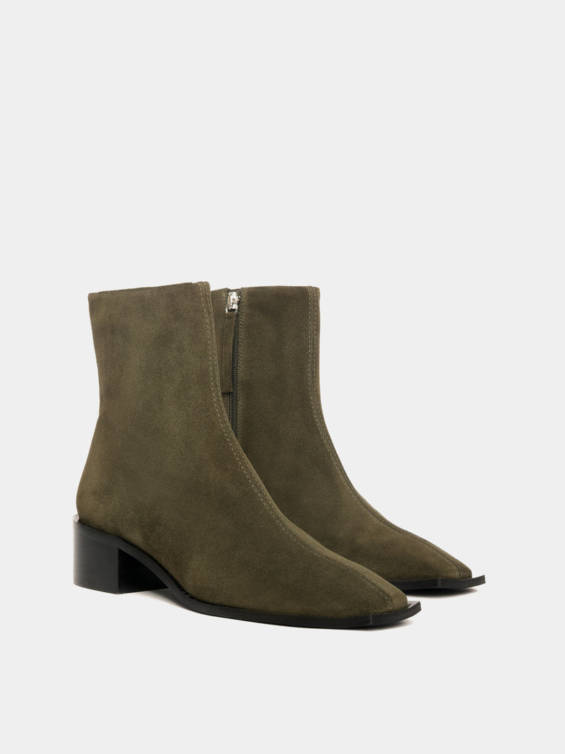 Olive suede ankle boots with a block heel
