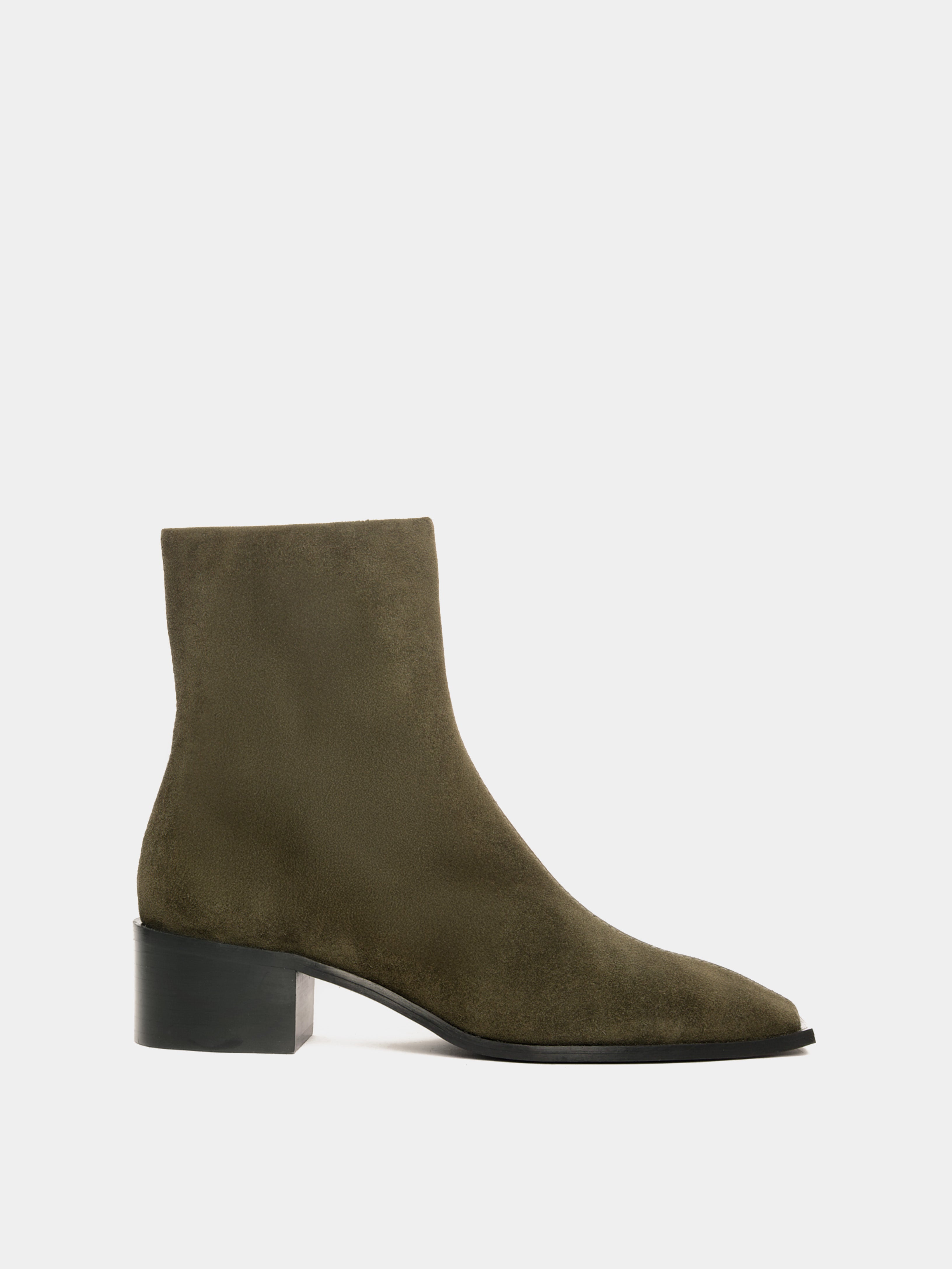 Olive suede ankle boot with a block heel