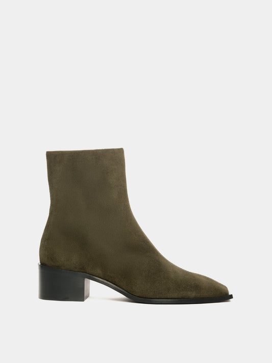 Olive suede ankle boot with a block heel