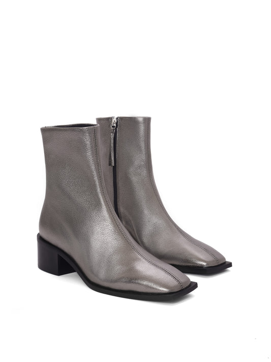 Silver leather ankle boots with a block heel