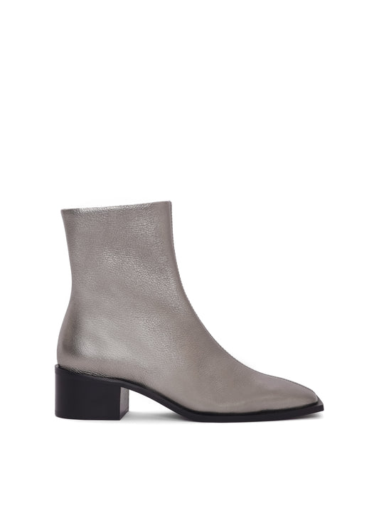 Silver leather ankle boot with a block heel