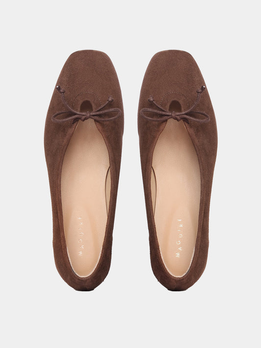 Brown suede leather ballerina flats with a brown bow