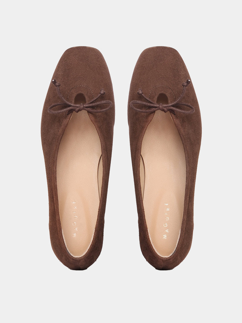 Brown suede leather ballerina flats with a brown bow