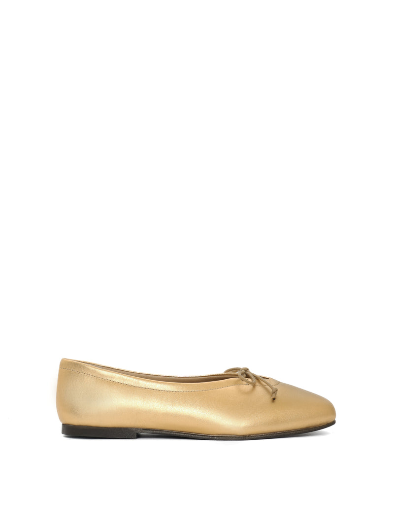 Gold leather ballerina flat with a gold bow
