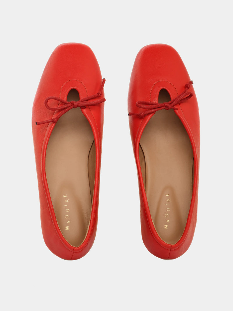 Lipstick leather ballerina flats with a red bow