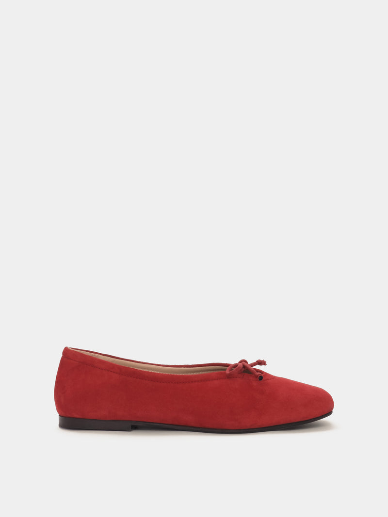 Red suede leather ballerina flat with a red bow
