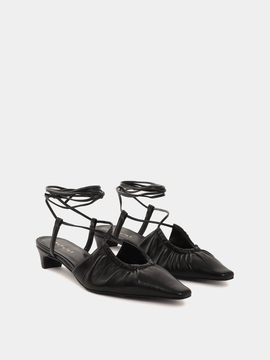 Black leather low-heeled mules with leather laces
