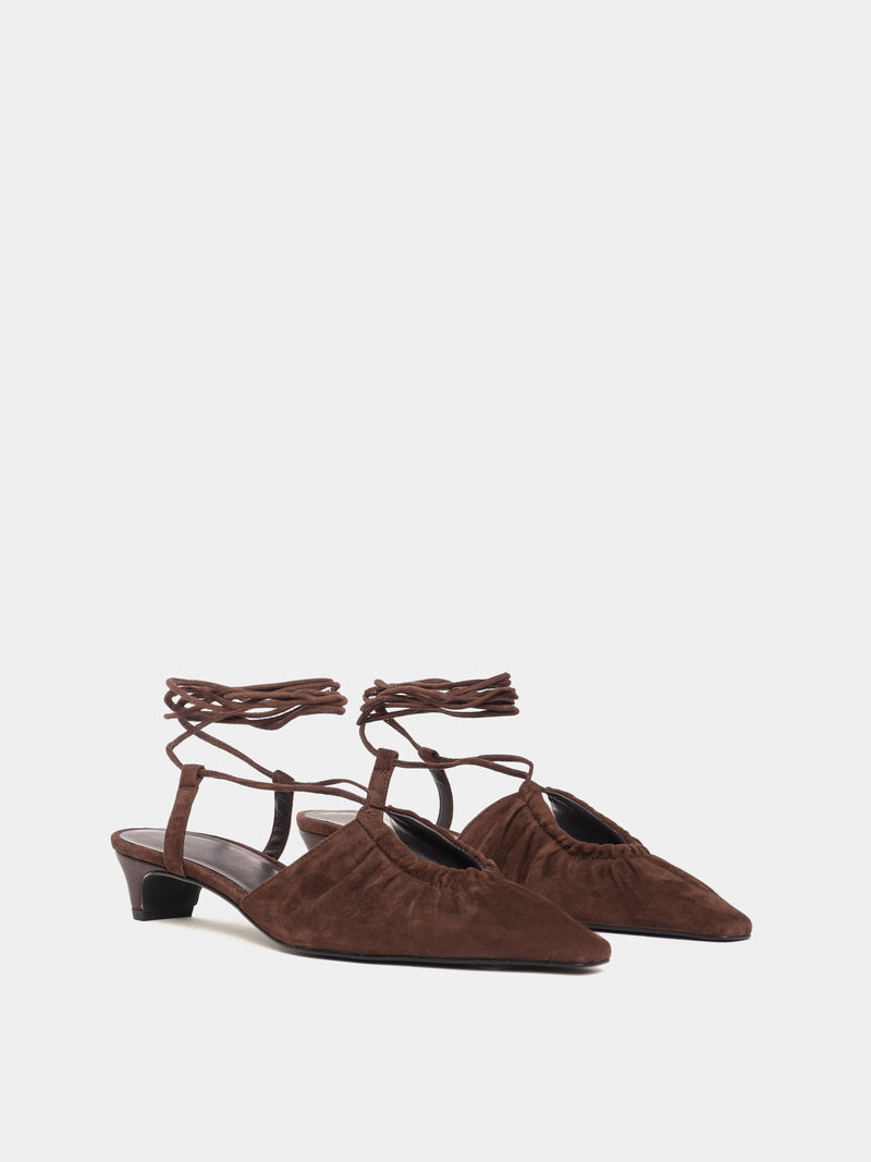 Brown suede leather low-heeled mules with leather laces