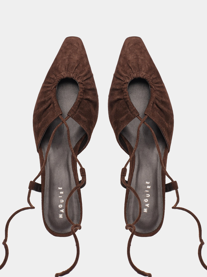 Brown suede leather low-heeled mules with leather laces