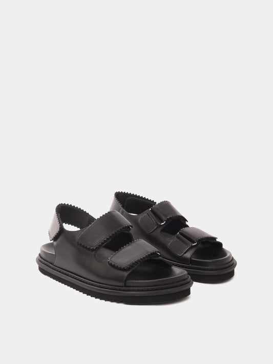 Black leather velcro-strap sandal