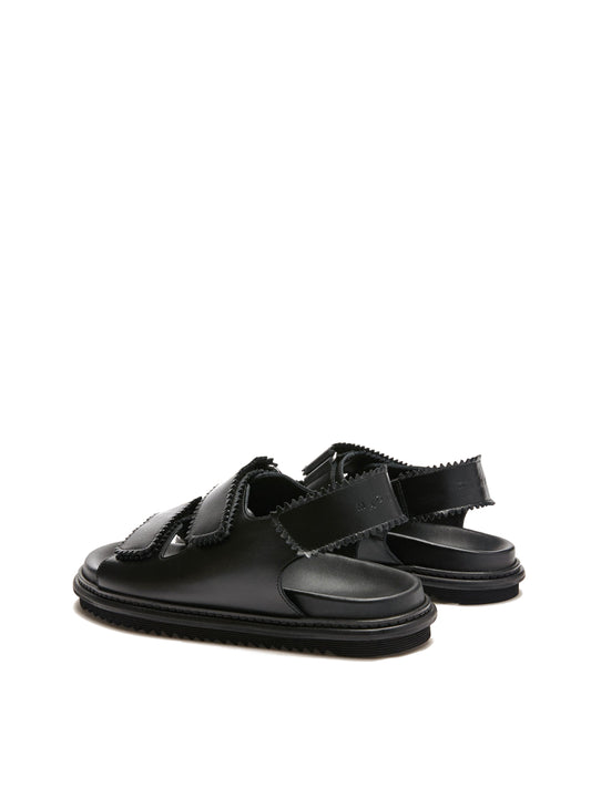 Tavira black leather sandal with two adjustable front straps and one back strap, back view.