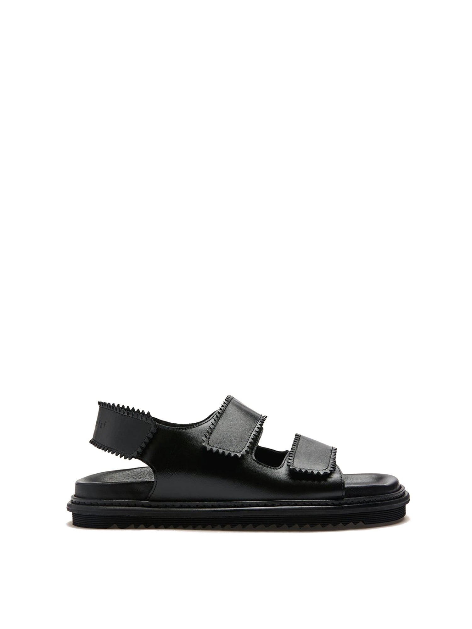 Tavira black leather sandal with two adjustable front straps and one back strap.