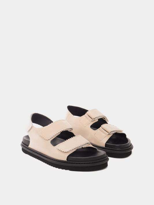 Beige leather velcro-strap sandals