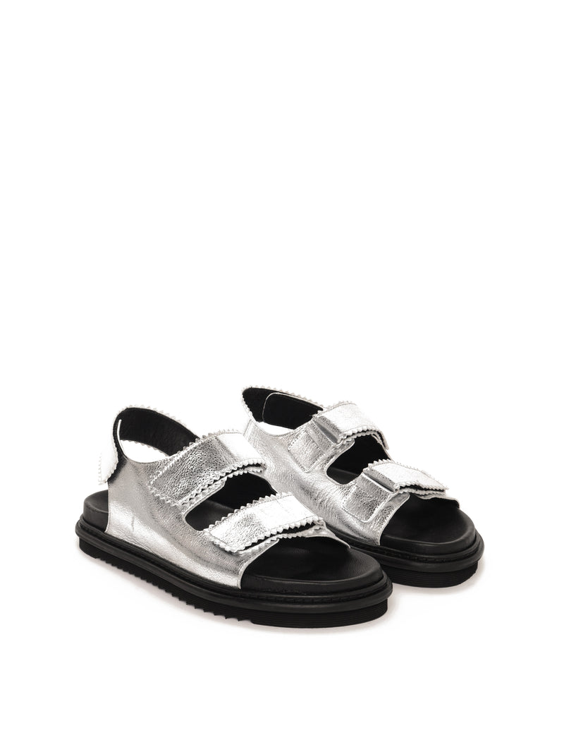 Tavira silver leather sandal with two adjustable front straps and one back strap, front view.