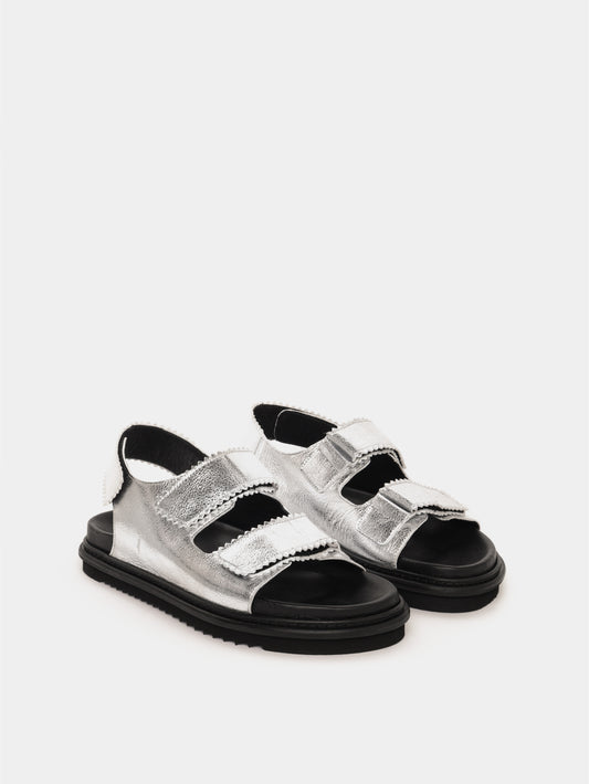 Silver leather velcro-strap sandals