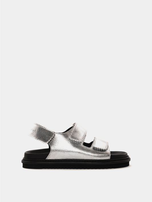Silver leather velcro-strap sandal