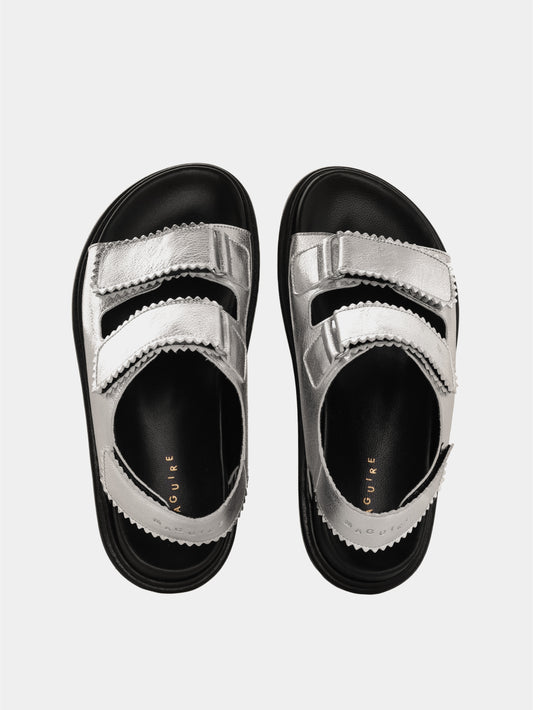 Silver leather velcro-strap sandals