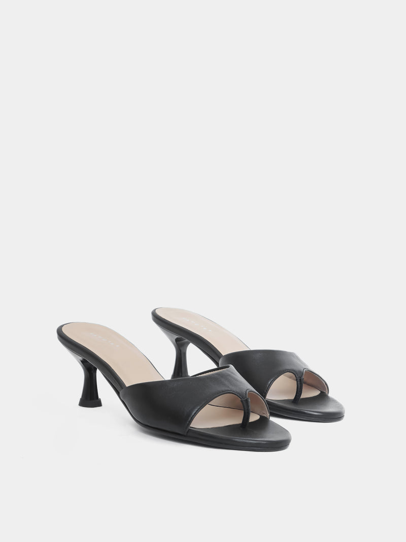 Front view of black open toe heeled sandal on white background