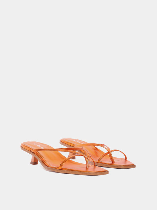 Orange metallic leather kitten heel flip-flops