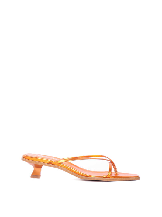 Ulla shiny orange kitten-heel flip-flop sandal with open toe.