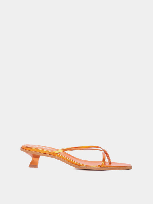 Orange metallic leather kitten heel flip-flop