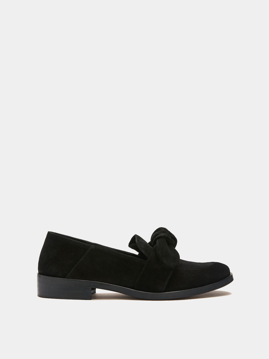 Black suede loafer with removable bow on upper