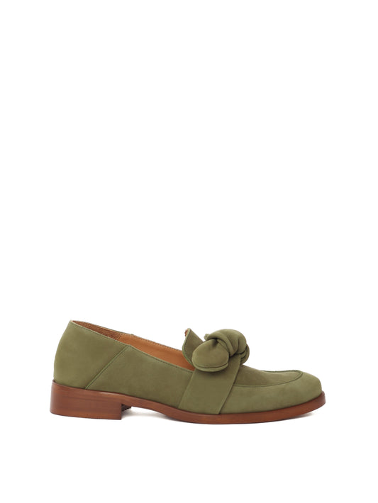 Valencia olive suede loafer with brown outsole and front bow.