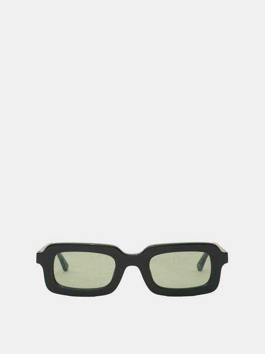 Rectangle shaped sunglasses in a dark green plastic colour.