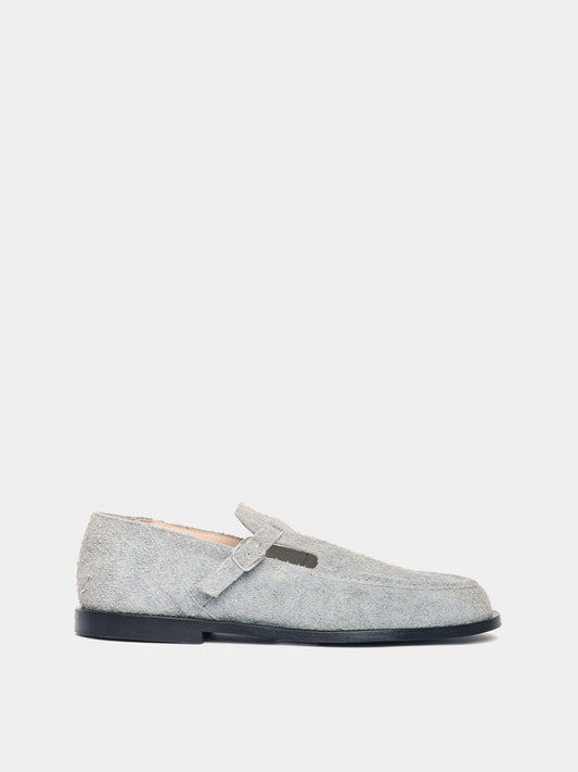 Flat mary-jane brushed suede shoe in a grey colour