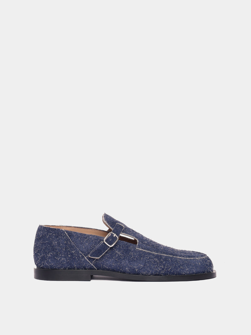 Flat mary-jane brushed suede shoe in a navy colour